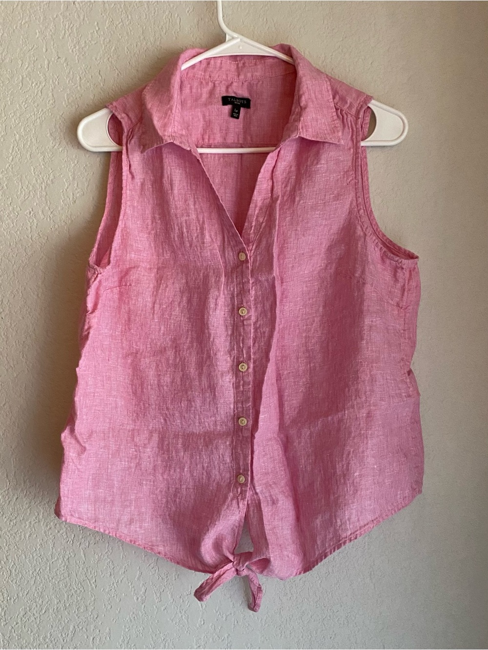 Talbots Pink Linen Sleeveless Button-Front Tie-Hem Top